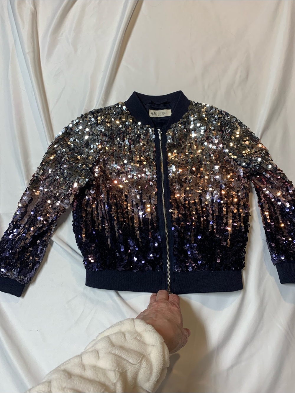 H&M Sequin Ombre Bomber Jacket in Navy and Silver ~ 5-6 y